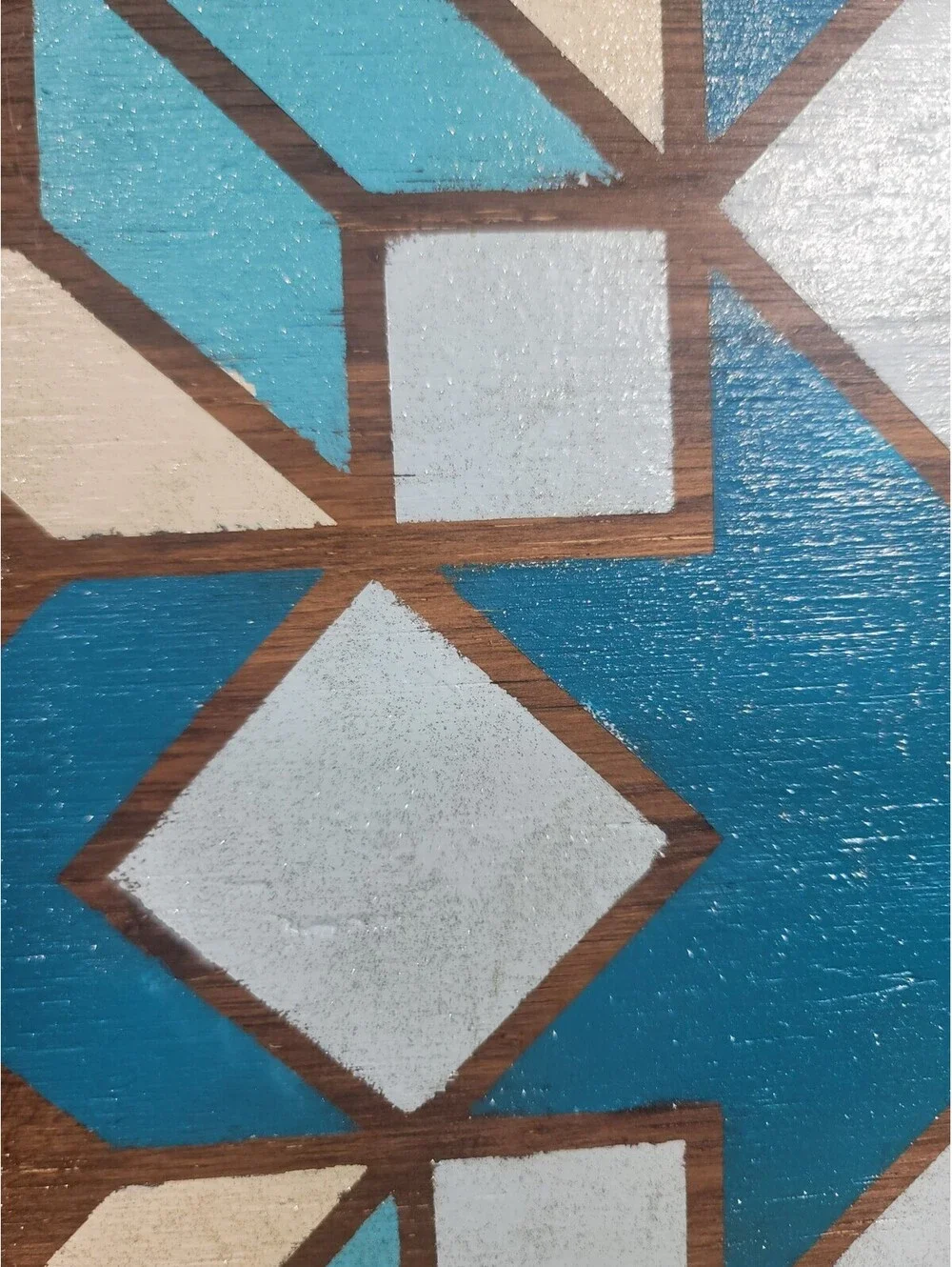 Handmade Wooden Tray With Painted Sparkly Teal Blue And White Barn Quilt Design